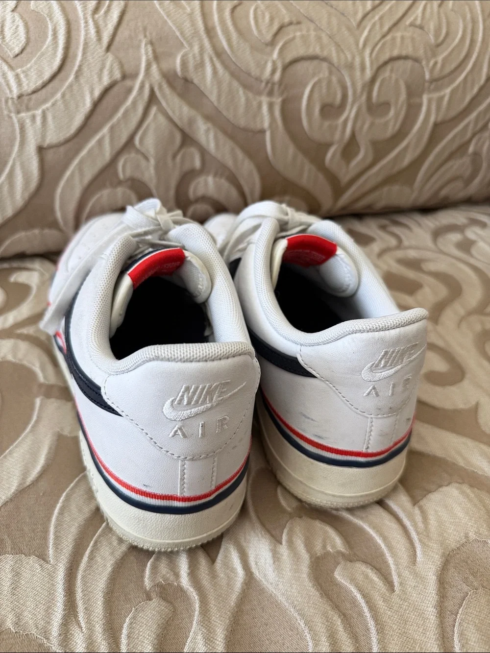 Nike Men’s White Sneakers with Navy Swoosh & Red Trim